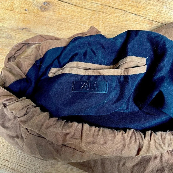 ZARA Brown Canvas Cotton Tote Bag Large 21x17 Adjustable Straps Boho Hobo Hippie - Picture 4 of 5